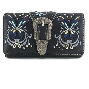 Embroidered Black Wallet with Butterfly Design